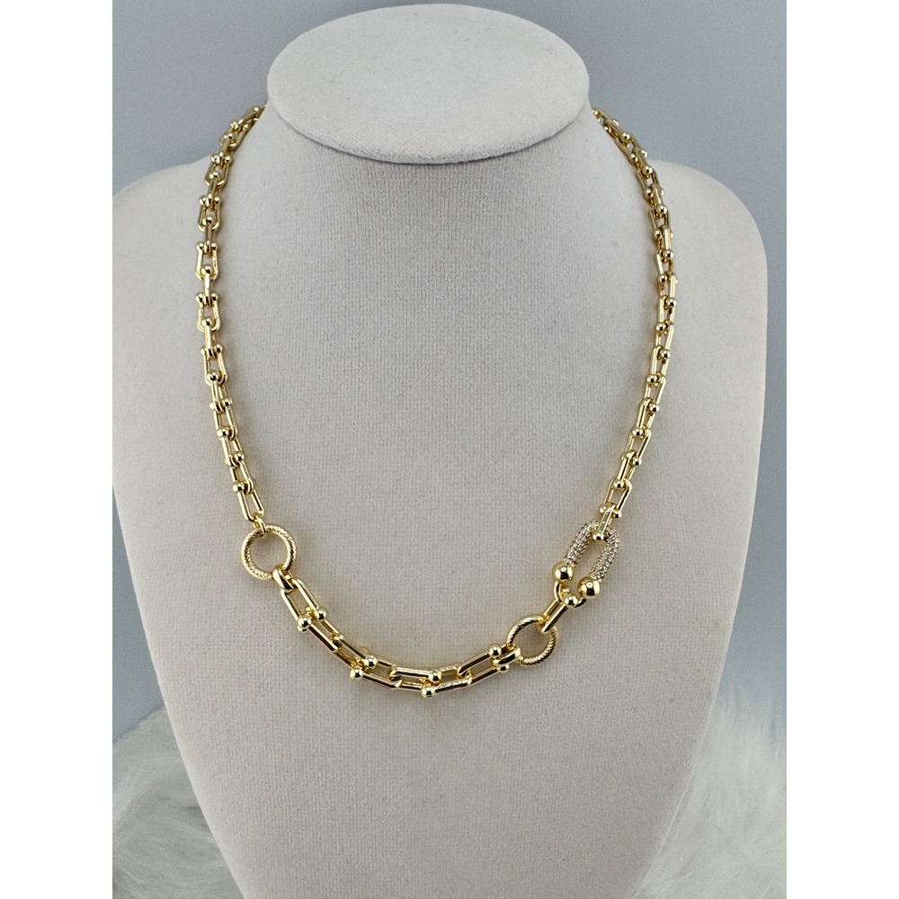 Gold Plated Link Chain Necklace Pave Accented Industrial Style Statement Jewelry